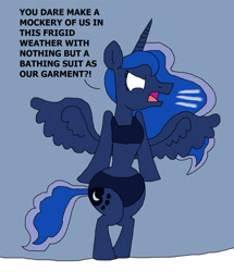 Size: 1321x1533 | Tagged: safe, artist:hunterxcolleen, imported from derpibooru, princess luna, alicorn, pony, angry, bikini, bipedal, clothes, cold, female, glowing eyes, snow, solo, swimsuit, traditional royal canterlot voice, winter