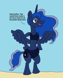 Size: 1309x1613 | Tagged: safe, artist:hunterxcolleen, imported from derpibooru, princess luna, alicorn, pony, beach, bikini, bipedal, clothes, female, solo, summer, swimsuit, talking
