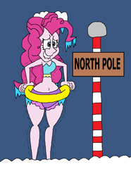 Size: 993x1337 | Tagged: safe, artist:hunterxcolleen, imported from derpibooru, pinkie pie, equestria girls, belly button, bikini, clothes, cold, female, freezing, freezing fetish, humanized, ice, icicle, inner tube, north pole, shivering, snow, solo, swimming pool, swimsuit