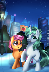 Size: 2382x3509 | Tagged: safe, artist:pridark, imported from derpibooru, scootaloo, oc, oc:morning mint, pony, unicorn, blank flank, city, skyscraper