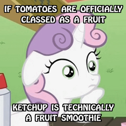 Size: 500x500 | Tagged: safe, imported from derpibooru, sweetie belle, exploitable meme, female, image macro, ketchup, meme, solo, sudden clarity sweetie belle, tomato