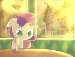 Size: 1280x975 | Tagged: safe, artist:spikedmauler, imported from derpibooru, sweetie belle, pony, unicorn, cute, dawn, diasweetes, female, solo, table