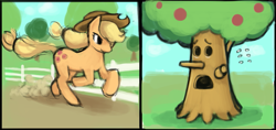 Size: 1087x514 | Tagged: safe, artist:lumineko, imported from derpibooru, applejack, earth pony, pony, apple tree, d:, female, frown, galloping, kirby, kirby (series), nintendo, open mouth, running, smiling, sweat, tree, whispy woods