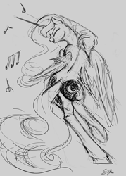 Size: 1280x1792 | Tagged: safe, artist:silfoe, imported from derpibooru, princess luna, lunadoodle, dancing, female, grayscale, monochrome, music notes, sketch, solo