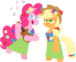 Size: 2713x2234 | Tagged: safe, artist:zacatron94, imported from derpibooru, applejack, pinkie pie, pony, applejack is not amused, bipedal, clothes, grass skirt, hula, hulajack, hulapie, lei, looking at you, musical instrument, simple background, skirt, transparent background, ukulele, unamused, vector