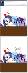 Size: 630x1646 | Tagged: safe, artist:dekomaru, imported from derpibooru, rarity, spike, trixie, twilight sparkle, pony, unicorn, tumblr:ask twixie, comic, female, heart, honeymoon, implied sex, lesbian, male, mare, scrunchy face, shipping, sparity, straight, tumblr, twixie