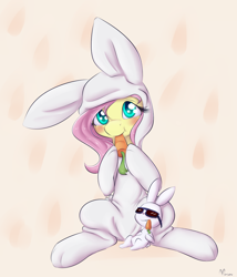 Size: 900x1050 | Tagged: safe, artist:alasou, imported from derpibooru, angel bunny, fluttershy, animal costume, bunny costume, bunny pajamas, bunnyshy, carrot, clothes, costume, cute, herbivore, nom, shyabetes