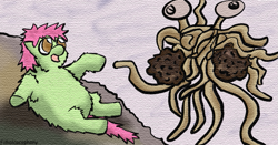 Size: 753x396 | Tagged: safe, artist:fillialcacophony, imported from derpibooru, fluffy pony, fine art parody, flying spaghetti monster, parody, sistine chapel, the creation of adam
