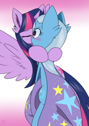 Size: 607x858 | Tagged: safe, artist:ranban, imported from derpibooru, trixie, twilight sparkle, alicorn, pony, blushing, female, kissing, lesbian, mare, shipping, surprise kiss, twilight sparkle (alicorn), twixie