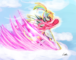 Size: 1854x1460 | Tagged: dead source, safe, artist:lumineko, imported from derpibooru, rainbow dash, pegasus, pony, action pose, alternate hairstyle, boxing gloves, champion, cloud, cloudy, dfo, dungeon fighter online, female, mare, ponytail, signature, sky, solo, video game crossover