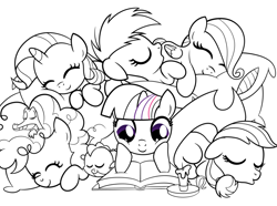 Size: 970x723 | Tagged: safe, artist:drawponies, imported from derpibooru, applejack, fluttershy, gummy, pinkie pie, rainbow dash, rarity, spike, twilight sparkle, book, cuddle puddle, cuddling, cute, daaaaaaaaaaaw, eyes closed, filly, floppy ears, mane seven, mane six, on back, open mouth, pillow, pony pile, prone, reading, sleeping, smiling, younger