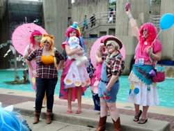 Size: 1024x768 | Tagged: artist needed, safe, artist:wrathofconpics, imported from derpibooru, applejack, pinkie pie, alpaca, human, 2013, arpakasso, balloon, clothes, convention, coronation dress, cosplay, dress, irl, irl human, otakon, photo, umbrella