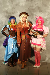 Size: 500x750 | Tagged: artist needed, safe, imported from derpibooru, applejack, pinkie pie, rainbow dash, human, 2014, cosplay, fashion, irl, irl human, photo, steampunk, wondercon, wondercon 2014