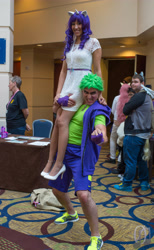 Size: 3697x6000 | Tagged: artist needed, safe, artist:jamesalpha, imported from derpibooru, rarity, spike, human, 2014, babscon, babscon 2014, carrying, convention, cosplay, high heels, irl, irl human, photo, shoes