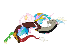 Size: 963x698 | Tagged: safe, artist:castorochiaro, imported from derpibooru, discord, princess celestia, alicorn, classical unicorn, pony, cloven hooves, dislestia, female, kissing, leonine tail, male, shipping, straight