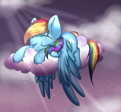 Size: 2700x2500 | Tagged: dead source, safe, artist:pastelflakes, imported from derpibooru, rainbow dash, pegasus, pony, cloud, cloudy, crepuscular rays, female, night, obtrusive watermark, on a cloud, sleeping, solo, watermark