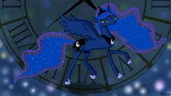 Size: 2732x1536 | Tagged: safe, artist:foudubulbe, imported from derpibooru, princess luna, clock, female, looking at you, solo