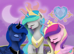 Size: 1024x742 | Tagged: safe, artist:digitalcyn, imported from derpibooru, princess cadance, princess celestia, princess luna, twilight's kingdom, eyes closed, open mouth, singing, you'll play your part