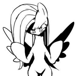 Size: 500x500 | Tagged: safe, artist:30clock, imported from derpibooru, fluttershy, pony, semi-anthro, angry, big hooves, bipedal, featureless crotch, female, flutterrage, looking at you, monochrome, pixiv, simple background, solo, spread wings, white background