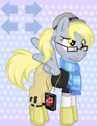 Size: 419x541 | Tagged: source needed, safe, artist:flutteriot, imported from derpibooru, derpy hooves, pegasus, pony, atheism, book, clothes, fedora shaming, female, hat, knife, mare, neckbeard, pants, scarf, solo, trilby