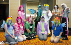 Size: 900x569 | Tagged: safe, imported from derpibooru, photo finish, pinkie pie, princess celestia, queen chrysalis, rainbow dash, spike, human, cosplay, irl, irl human, photo