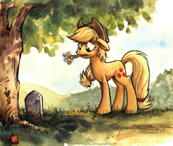 Size: 849x716 | Tagged: safe, artist:kenket, artist:spainfischer, imported from derpibooru, applejack, female, floppy ears, flower, flower in mouth, grave, gravestone, mouth hold, sad, solo, traditional art, tree, watercolor painting