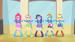 Size: 1280x720 | Tagged: safe, imported from derpibooru, screencap, applejack, fluttershy, pinkie pie, rainbow dash, rarity, equestria girls, boots, female, helping twilight win the crown, high heel boots, humane five, rubber boots, shoes, wondercolts