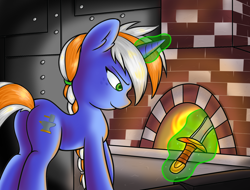 Size: 2582x1961 | Tagged: safe, artist:ambris, imported from derpibooru, oc, oc only, oc:alloy shaper, pony, unicorn, fallout equestria, fallout equestria: wasteland economics, blacksmith, braid, butt, commission, fanfic, freckles, magic, plot, smiling, solo, sword, telekinesis, weapon