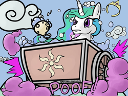 Size: 800x600 | Tagged: safe, artist:firgof, imported from derpibooru, princess celestia, bath, bathtub, bubble, bubble bath, cloud, cloudy, female, flying, minecart, solo, wheel