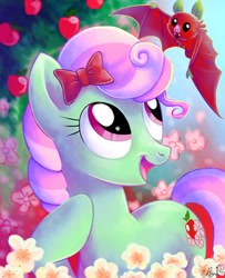 Size: 1300x1600 | Tagged: safe, artist:yulyeen, imported from derpibooru, florina tart, minty apple, earth pony, fruit bat, pony, apple, apple family member, bow, cottagecore, female, flower, flower blossom, hair bow, happy, hoof on chest, looking up, mare, open mouth, solo