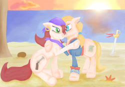 Size: 3000x2100 | Tagged: safe, artist:candyfloss-unicorn, imported from derpibooru, clothes, elaine marley, guybrush threepwood, hug, island, monkey island, pirate, ponified, sword