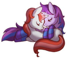 Size: 491x399 | Tagged: safe, artist:tethys, imported from derpibooru, oc, oc only, pony, unicorn, clothes, cuddling, duo, freckles, magic, snuggling, socks, striped socks