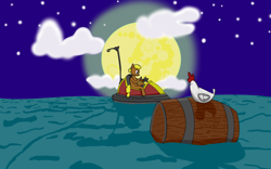 Size: 3000x1875 | Tagged: safe, artist:scribbleclash, imported from derpibooru, chicken, barrel, grog, guybrush threepwood, kart, monkey island, moon, night, ocean, ponified