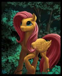 Size: 1571x1920 | Tagged: safe, artist:cosmickelpie, imported from derpibooru, fluttershy, pegasus, pony, detailed, female, forest, looking up, mare, semi-realistic, solo, watching