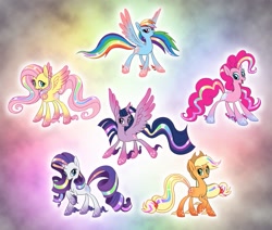 Size: 971x822 | Tagged: safe, artist:salvicorn, imported from derpibooru, applejack, fluttershy, pinkie pie, rainbow dash, rarity, twilight sparkle, alicorn, pony, alternate design, female, mane six, mare, rainbow power, redesign, twilight sparkle (alicorn)