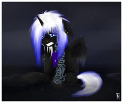 Size: 700x587 | Tagged: safe, artist:tranquilmaelstrom, imported from derpibooru, oc, oc only, oc:winter storm, alicorn, pony, alicorn oc, crying, emo, male, piercing, rain, solo, stallion, tattoo