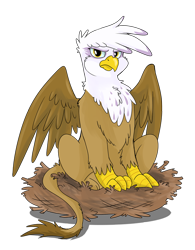 Size: 624x800 | Tagged: safe, artist:spainfischer, imported from derpibooru, gilda, griffon, angry, behaving like a bird, birds doing bird things, catbird, female, griffons doing bird things, nest, nesting instinct, partially open wings, simple background, solo, transparent background, wings