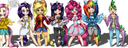 Size: 1024x388 | Tagged: safe, artist:deathfirelove, imported from derpibooru, applejack, fluttershy, pinkie pie, rainbow dash, rarity, spike, twilight sparkle, human, eared humanization, horned humanization, humanized, twilight sparkle (alicorn), winged humanization