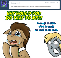 Size: 780x750 | Tagged: safe, artist:jitterbugjive, imported from derpibooru, derpy hooves, doctor whooves, time turner, earth pony, pegasus, pony, lovestruck derpy, ask, crying, doctor whooves is not amused, duo, female, male, mare, stallion, tumblr