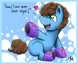 Size: 800x656 | Tagged: safe, artist:tranquilmaelstrom, imported from derpibooru, twilight sparkle, oc, oc only, oc:winter storm, earth pony, pony, age regression, baby talk, boots, chubby, curly hair, cutie mark, male, midget, roleplaying, solo, stallion, text