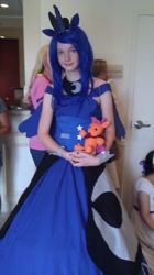 Size: 1456x2592 | Tagged: safe, artist:marchmochahare, imported from derpibooru, princess luna, scootaloo, human, clothes, cosplay, dress, grand brony gala, irl, irl human, photo, plushie, solo