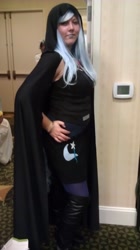 Size: 1456x2592 | Tagged: artist needed, safe, artist:naturesrose, imported from derpibooru, trixie, human, 2013, alicorn amulet, cape, clothes, convention, cosplay, grand brony gala, hood, irl, irl human, photo, pose, solo