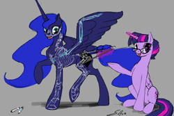 Size: 1280x853 | Tagged: safe, artist:silfoe, imported from derpibooru, princess luna, twilight sparkle, alicorn, pony, lunadoodle, anatomy, clothes, concave belly, costume, female, glasses, height difference, magic, mare, open mouth, physique difference, raised hoof, raised leg, reference, sitting, skeleton, skeleton costume, slim, spread wings, teacher, telekinesis, thin, twilight sparkle (alicorn)