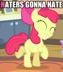 Size: 352x400 | Tagged: safe, imported from derpibooru, screencap, apple bloom, somepony to watch over me, adorabloom, animated, caption, cute, dancing, eyes closed, female, gif with captions, grin, happy, haters gonna hate, prancing, smiling, solo