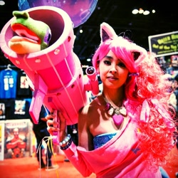 Size: 1024x1024 | Tagged: safe, artist:the shining polaris, imported from derpibooru, gummy, pinkie pie, human, 2014, balloon, c2e2, convention, cosplay, irl, irl human, party cannon, photo, pinkie launcher, plushie, rocket launcher