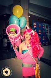 Size: 638x960 | Tagged: safe, artist:the shining polaris, imported from derpibooru, gummy, pinkie pie, human, 2014, balloon, c2e2, convention, cosplay, irl, irl human, party cannon, photo, plushie, solo