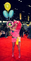 Size: 516x1024 | Tagged: safe, artist:the shining polaris, imported from derpibooru, gummy, pinkie pie, human, 2014, balloon, c2e2, convention, cosplay, irl, irl human, party cannon, photo, plushie