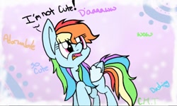 Size: 512x308 | Tagged: safe, artist:redshycup, imported from derpibooru, rainbow dash, annoyed, awww, blatant lies, cute, dashabetes, fangs, female, i'm not cute, messy mane, open mouth, raised hoof, solo