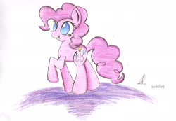 Size: 2170x1504 | Tagged: safe, artist:almaustral, imported from derpibooru, pinkie pie, earth pony, pony, female, mare, raised hoof, signature, solo, traditional art