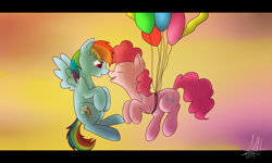 Size: 2500x1500 | Tagged: safe, artist:xapplejack324, imported from derpibooru, pinkie pie, rainbow dash, balloon, boop, eyes closed, female, floating, flying, lesbian, nose wrinkle, noseboop, pinkiedash, shipping, smiling, then watch her balloons lift her up to the sky